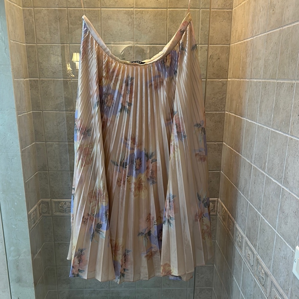 Lauren Ralph Lauren Cream and Blue Pleated Midi Skirt